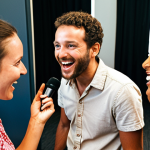 A candid, vibrant photo of a diverse group of people engaged in a dynamic, spontaneous conversation in an informal setting. One person is speaking with genuine enthusiasm, open body language, and a warm, natural expression, fostering visible connection with the listeners. Subtle visual cues like radiating lines or gentle light emanating from the speaker illustrate authentic engagement and impact. The atmosphere is inviting and full of human connection.