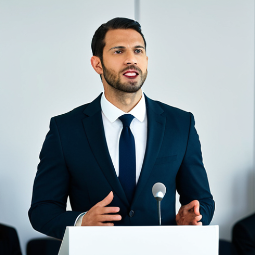 A male professional speaker in a tailored dark business suit, standing confidently at a modern podium, holding a sleek microphone. He is mid-response to an unexpected question from the audience, displaying quick wit and logical thinking. His expression is composed, intelligent, and subtly engaging, reflecting his agile mind. He maintains direct eye contact with the audience. The setting is a bright, professional conference hall during a Q&A session, with a diverse, attentive audience softly blurred in the background. The lighting is crisp and professional. fully clothed, modest clothing, appropriate attire, professional dress, safe for work, appropriate content, perfect anatomy, correct proportions, natural pose, well-formed hands, proper finger count, natural body proportions, professional photography, high quality, sharp focus, natural colors.