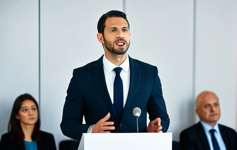 A male professional speaker in a tailored dark business suit, standing confidently at a modern podium, holding a sleek microphone. He is mid-response to an unexpected question from the audience, displaying quick wit and logical thinking. His expression is composed, intelligent, and subtly engaging, reflecting his agile mind. He maintains direct eye contact with the audience. The setting is a bright, professional conference hall during a Q&A session, with a diverse, attentive audience softly blurred in the background. The lighting is crisp and professional. fully clothed, modest clothing, appropriate attire, professional dress, safe for work, appropriate content, perfect anatomy, correct proportions, natural pose, well-formed hands, proper finger count, natural body proportions, professional photography, high quality, sharp focus, natural colors.