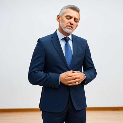 A professional speaker, mid-career, standing on a well-lit stage in a modern conference hall. They are taking a brief, calm pause, eyes slightly closed, taking a deep breath to compose themselves before delivering a speech. The atmosphere is quiet and anticipatory, capturing a moment of psychological composure. Their posture is poised and relaxed, demonstrating inner control. They are fully clothed in a modest business suit, appropriate attire, with professional dress. Perfect anatomy, correct proportions, natural pose, well-formed hands, proper finger count, natural body proportions. Safe for work, appropriate content, fully clothed, professional.