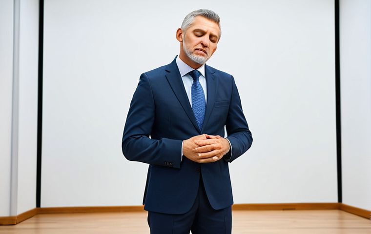 A professional speaker, mid-career, standing on a well-lit stage in a modern conference hall. They are taking a brief, calm pause, eyes slightly closed, taking a deep breath to compose themselves before delivering a speech. The atmosphere is quiet and anticipatory, capturing a moment of psychological composure. Their posture is poised and relaxed, demonstrating inner control. They are fully clothed in a modest business suit, appropriate attire, with professional dress. Perfect anatomy, correct proportions, natural pose, well-formed hands, proper finger count, natural body proportions. Safe for work, appropriate content, fully clothed, professional.