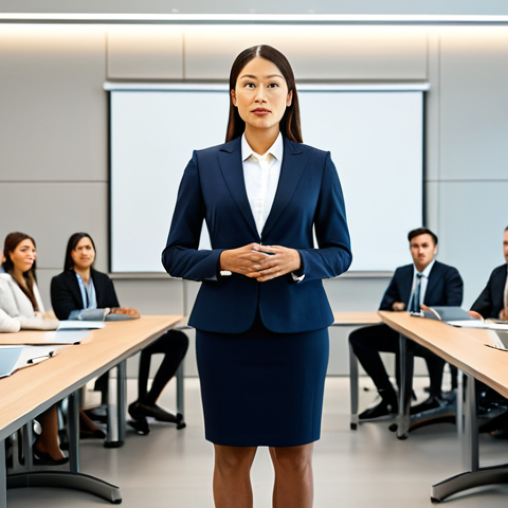 **

"A confident businesswoman giving a presentation, fully clothed in a professional suit, standing in front of a diverse audience in a modern conference room, appropriate attire, safe for work, perfect anatomy, natural proportions, professional environment, modest presentation."

**