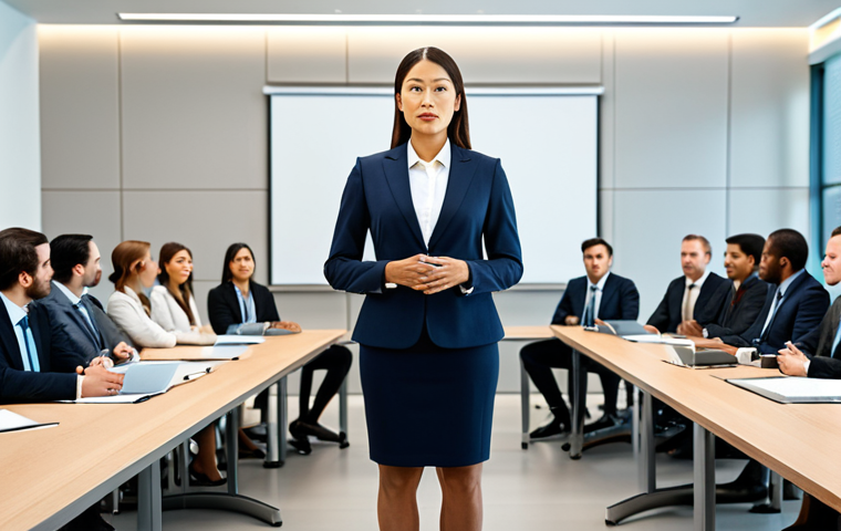 **

"A confident businesswoman giving a presentation, fully clothed in a professional suit, standing in front of a diverse audience in a modern conference room, appropriate attire, safe for work, perfect anatomy, natural proportions, professional environment, modest presentation."

**