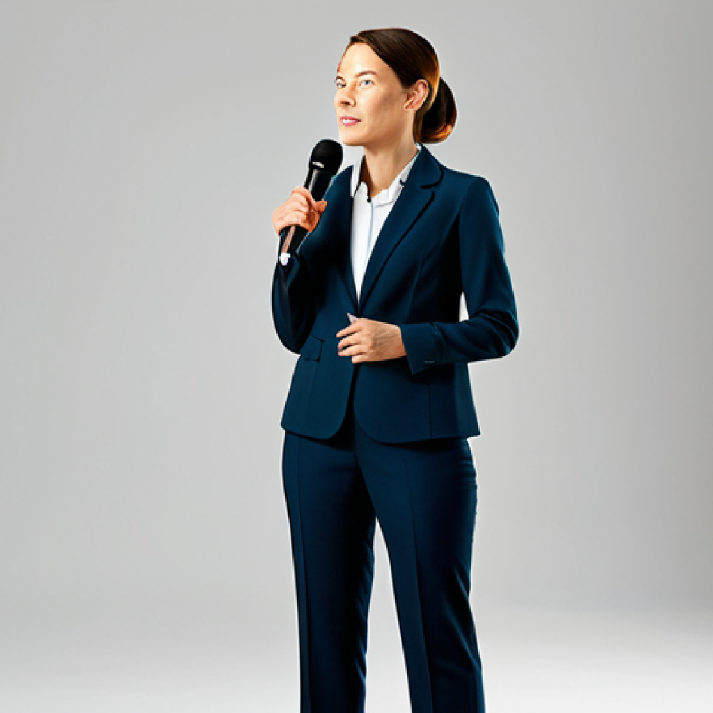 **

"A businesswoman in a professional blazer and modest slacks, standing confidently at a conference, holding a microphone, delivering an impromptu speech, bright lighting, engaged audience, fully clothed, appropriate attire, safe for work, perfect anatomy, natural proportions, professional setting, family-friendly."

**
