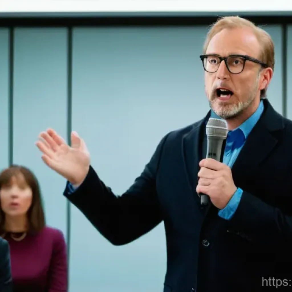 즉흥 스피치의 피해야 할 표현들 - **Prompt 1: The Hesitant Speaker**
    A full-shot photograph in a modern conference room, brightly ...