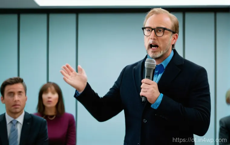 즉흥 스피치의 피해야 할 표현들 - **Prompt 1: The Hesitant Speaker**
    A full-shot photograph in a modern conference room, brightly ...