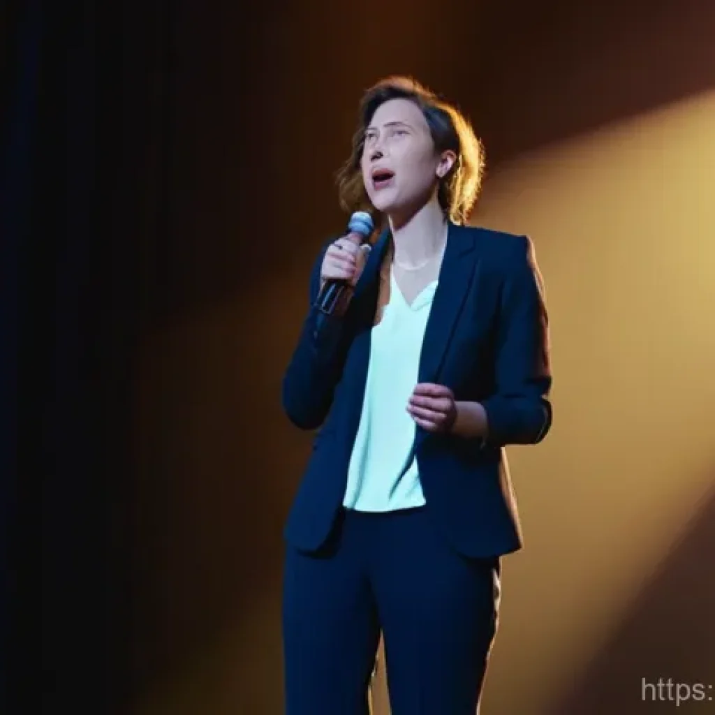 즉흥 스피치 시 흔히 겪는 장애물 극복하기 - A woman standing on a stage, initially looking overwhelmed and with a panicked expression as if her ...