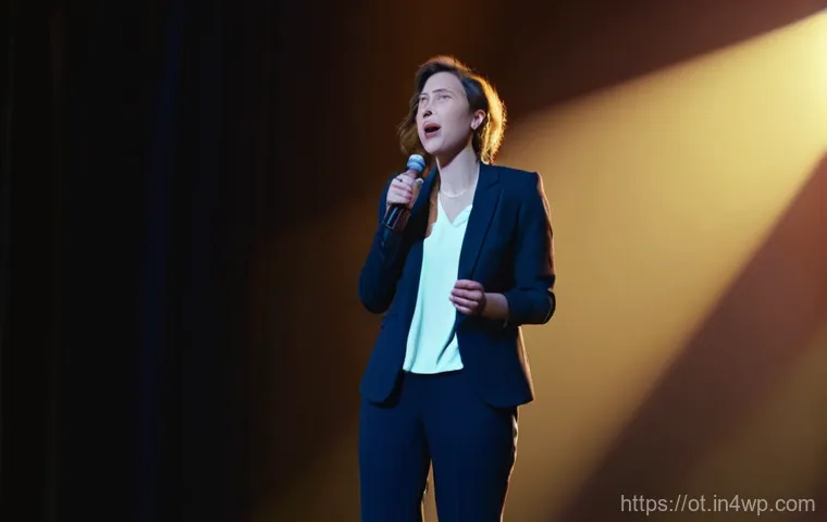 즉흥 스피치 시 흔히 겪는 장애물 극복하기 - A woman standing on a stage, initially looking overwhelmed and with a panicked expression as if her ...