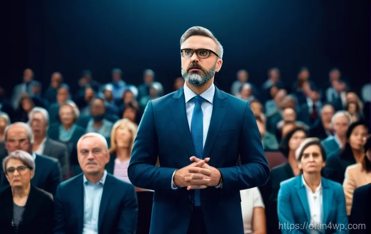 즉흥 스피치 시 흔히 겪는 장애물 극복하기 - A woman standing on a stage, initially looking overwhelmed and with a panicked expression as if her ...