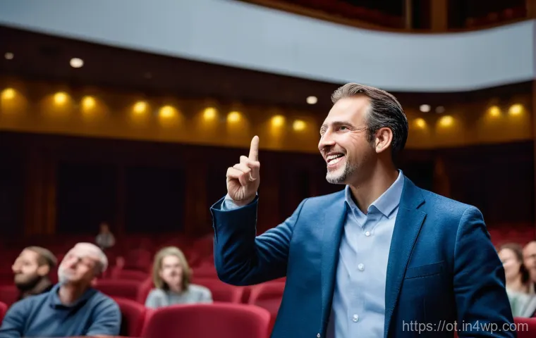 즉흥 스피치 시 흔히 겪는 장애물 극복하기 - A speaker, dressed in business attire, stands thoughtfully on a modern stage, addressing an unseen a...