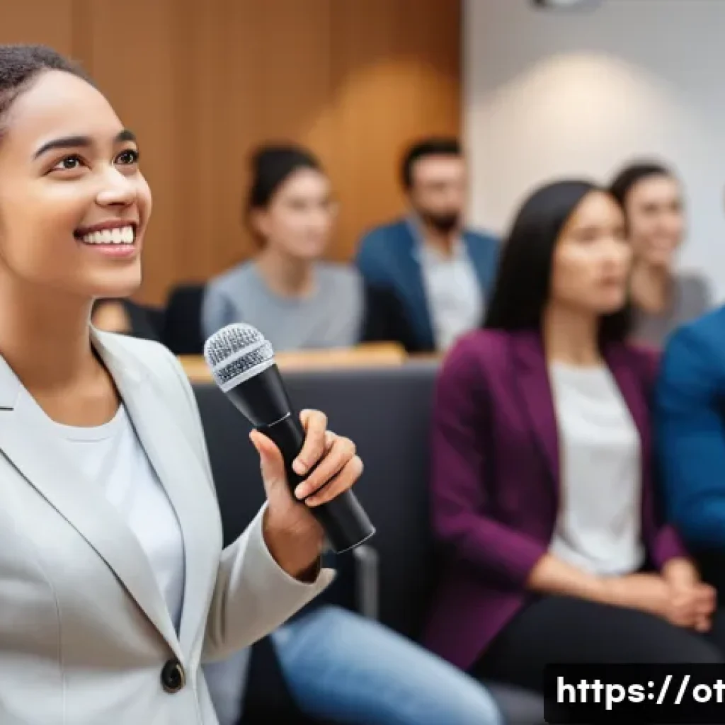 즉흥 스피치의 성공적인 요소 - A young woman in smart-casual attire stands in front of a small, diverse audience in a modern confer...