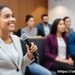 즉흥 스피치의 성공적인 요소 - A young woman in smart-casual attire stands in front of a small, diverse audience in a modern confer...