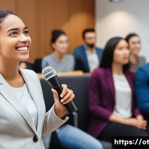 즉흥 스피치의 성공적인 요소 - A young woman in smart-casual attire stands in front of a small, diverse audience in a modern confer...