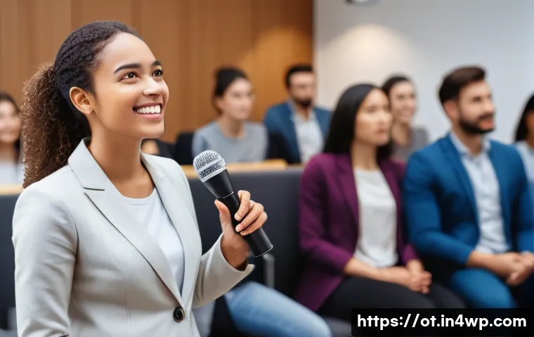 즉흥 스피치의 성공적인 요소 - A young woman in smart-casual attire stands in front of a small, diverse audience in a modern confer...
