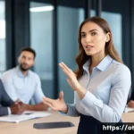 즉흥 스피치의 실전 경험 공유 - A confident young professional woman delivering an impromptu speech in a modern office meeting room,...