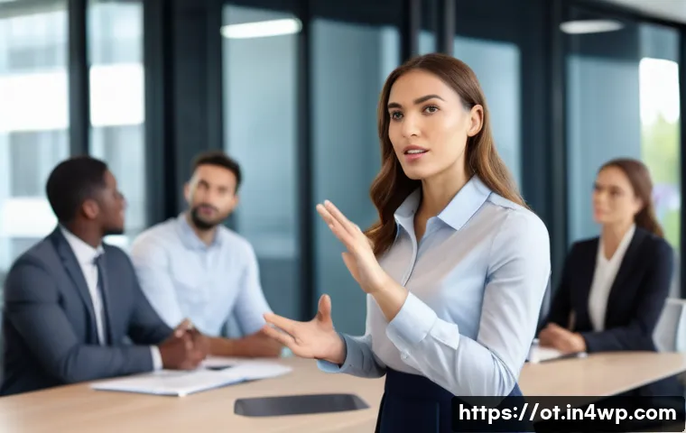 즉흥 스피치의 실전 경험 공유 - A confident young professional woman delivering an impromptu speech in a modern office meeting room,...