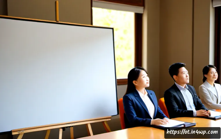 Home 17 즉흥 스피치에서의 주의 집중 기법 - Photorealistic corporate workshop scene, confident adult speaker standing beside a simple blank pres...