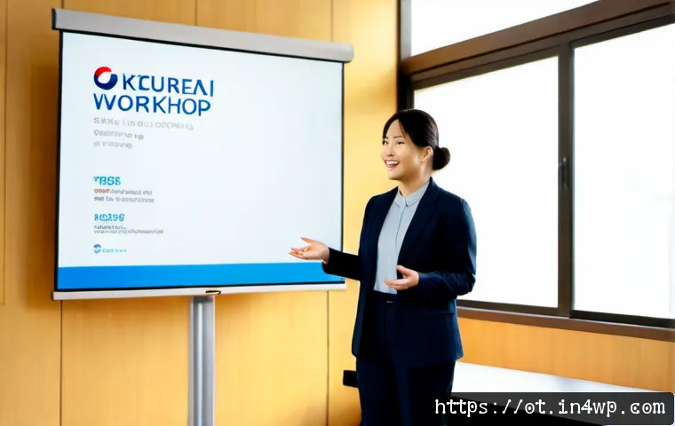 즉흥 스피치 시 활용할 수 있는 사례 - Photorealistic community workshop scene, a confident adult standing beside a simple podium and speak...