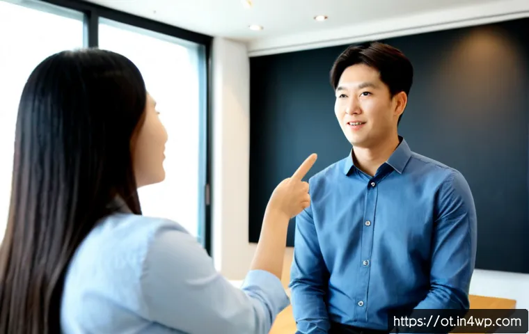 즉흥 스피치의 피드백과 성장 - Photorealistic workplace coaching scene, a young professional standing beside a simple presentation ...